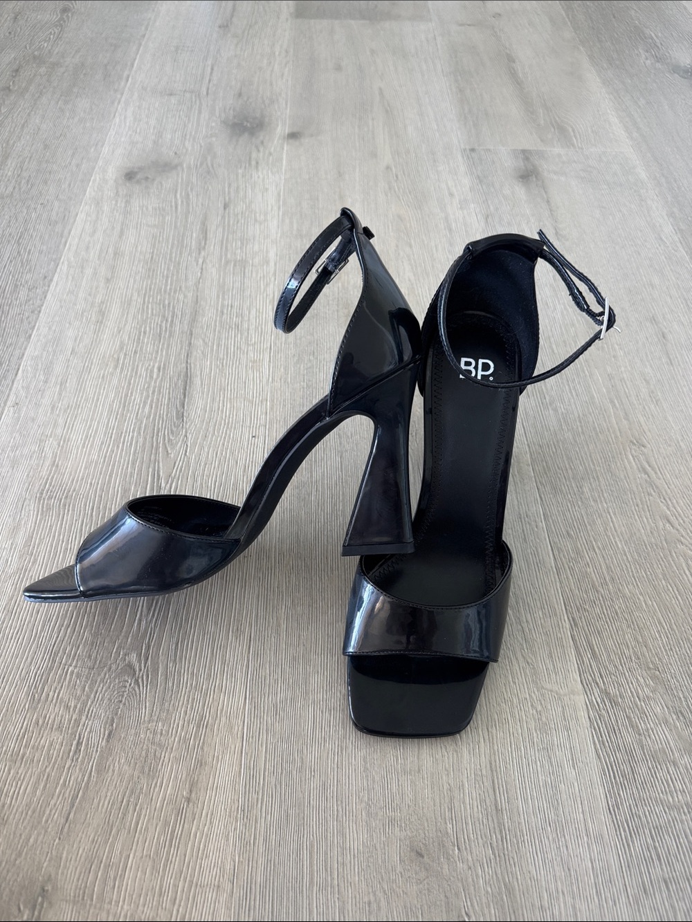 bp Black Square-Toe Ankle-Strap Heels